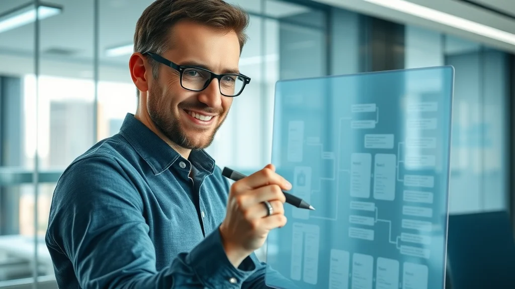 architect using MindManager diagramming tool for planning distributed software systems in modern tech-enabled workspace