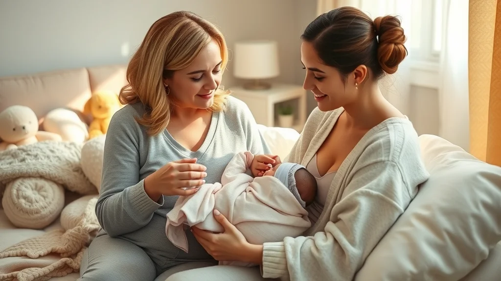 Gentle postpartum doula helping new mother at home