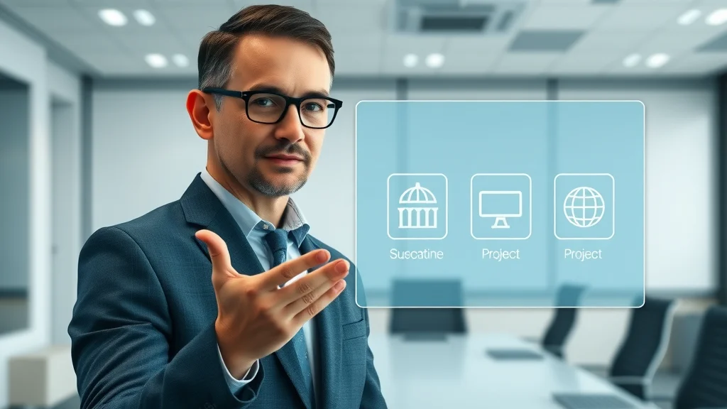 Business analyst reviewing four types of project management software: task management, resource management, collaboration, and custom sector solutions on a digital interface.