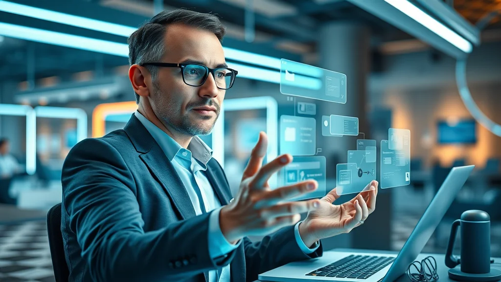 Futuristic business owner interacting with decoupled content management system and hybrid web content management solutions