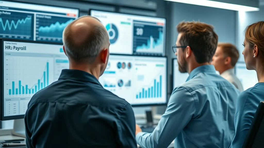 Professional HR software dashboard showing payroll processing and employee data for small business