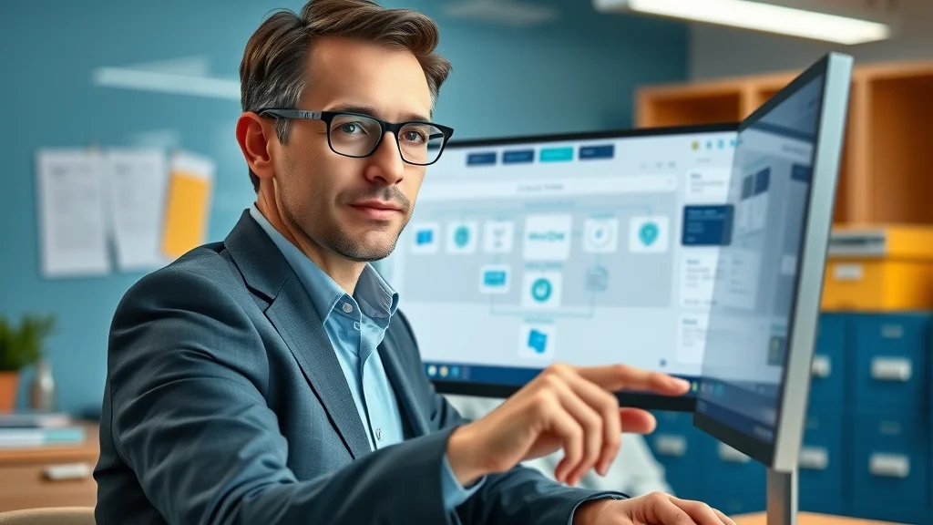 HR consultant using management consulting software interface for internal business process flows.