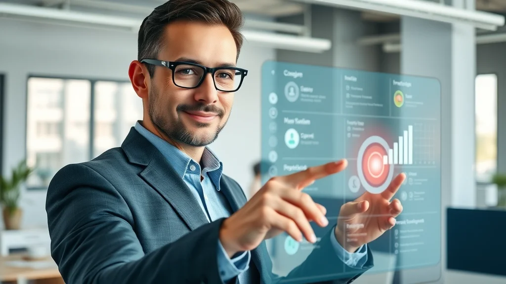project management automation tools, business manager using a digital app interface on large transparent screen in a minimalist high-tech office