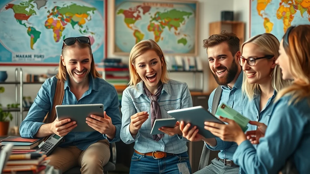 Travel agents organizing group itineraries using communication app and digital devices