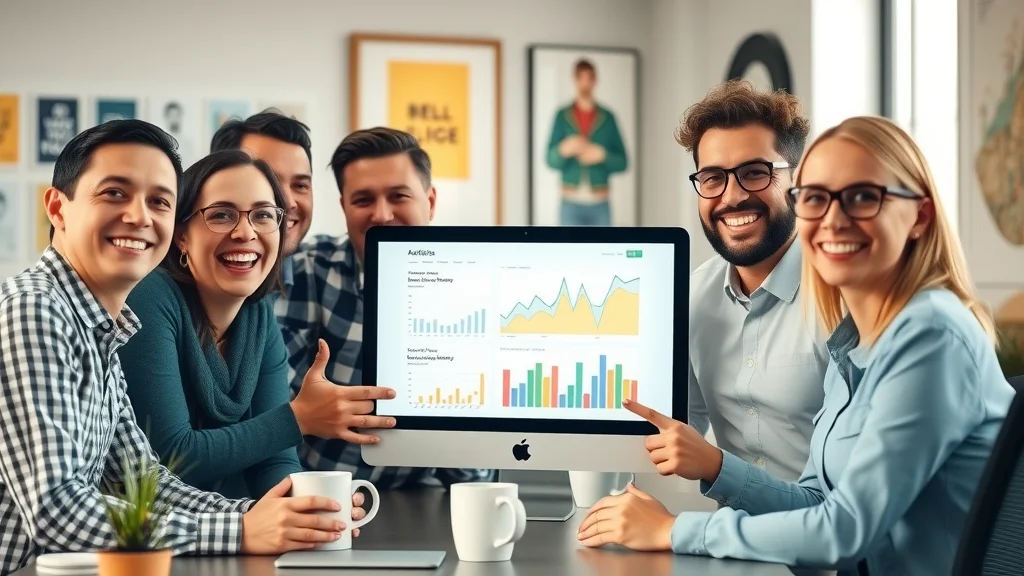 Small business team boosting sales with marketing automation and email marketing, excited around computer screen with analytics