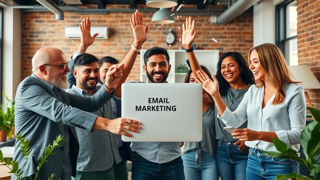Small business team celebrating marketing automation email campaign success in a co-working space