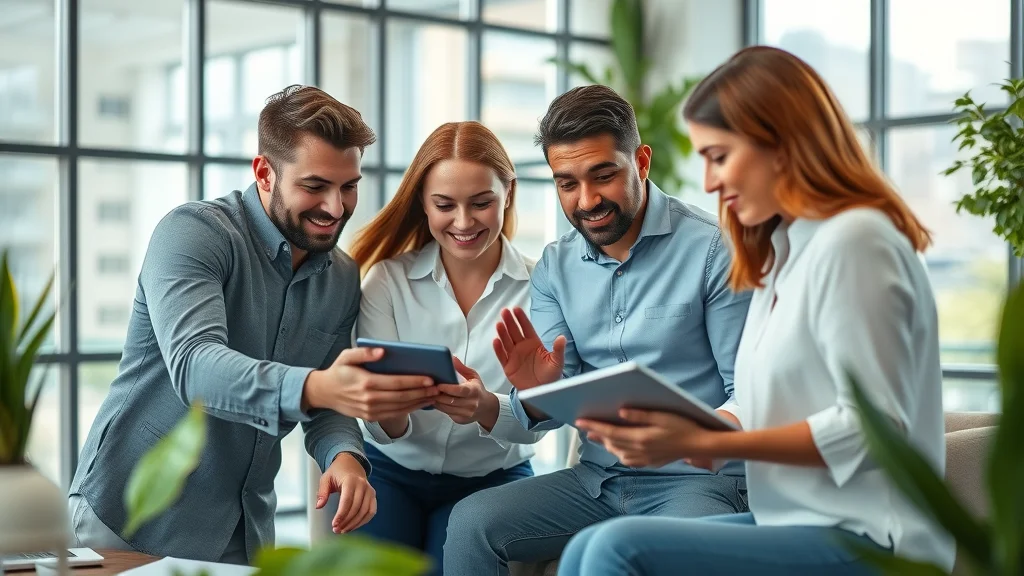 Small business team using project management & task management software applications and solutions in a bright contemporary office, reviewing tasks together on laptops and tablets.