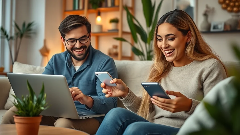 Excited homebuyers exploring property listings online on digital platforms - real estate marketing