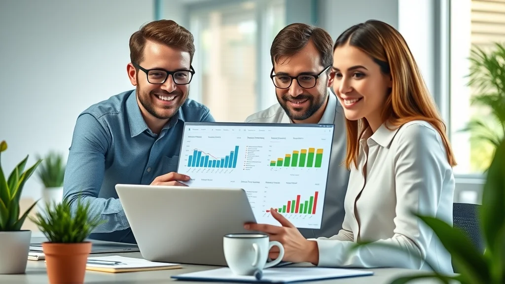 Modern small business workspace with professionals collaborating over a laptop displaying colourful accounting dashboards. Natural light, coffee mugs, tech accents, and visible paperwork. Accounting & bookkeeping software for small businesses.