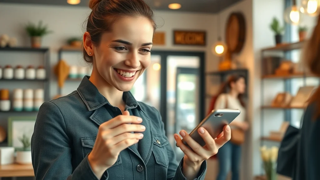 Small business owner using email marketing automation to open a welcome email in a cozy retail shop