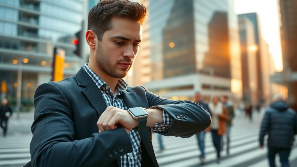 Young professional tracking time via smartwatch on city street, ease-of-use tracking app and mobile functionality for modern businesses