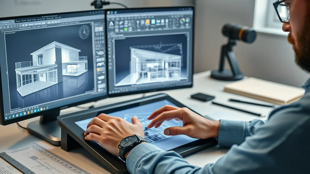 architect using AutoCAD, an essential software architecture tool, for precision drafting with architectural plans on screen