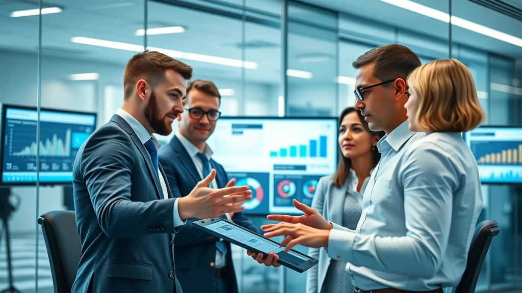 project management automation tools, business team analyzing digital dashboard in modern office, high-tech environment, blue and white palette