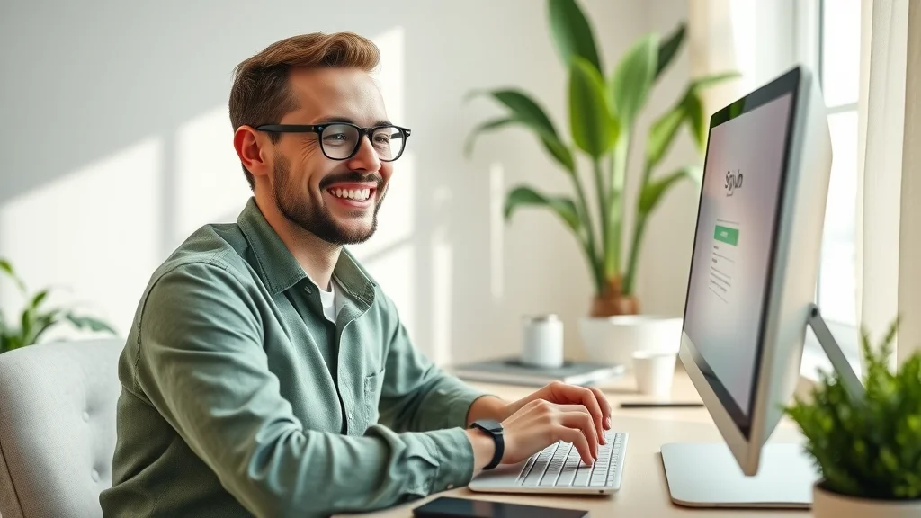 Business owner smiling and navigating online sign-up for accounting software at home workspace with tech gadgets. Easy set-up for accounting & bookkeeping software for small businesses.