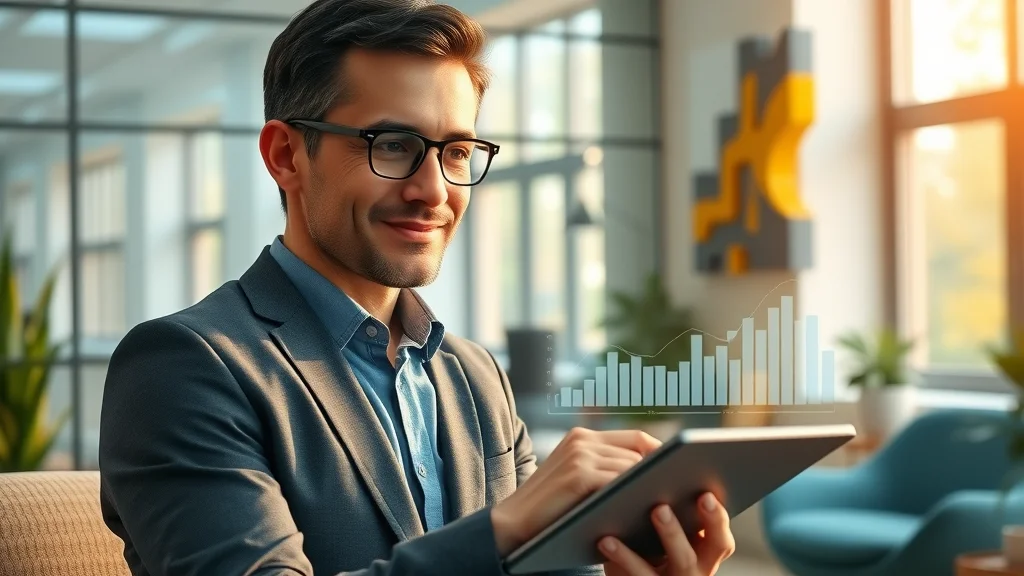 Small business owner reviewing upward-trending digital charts representing the positive impact of project management & task management software applications on business growth.