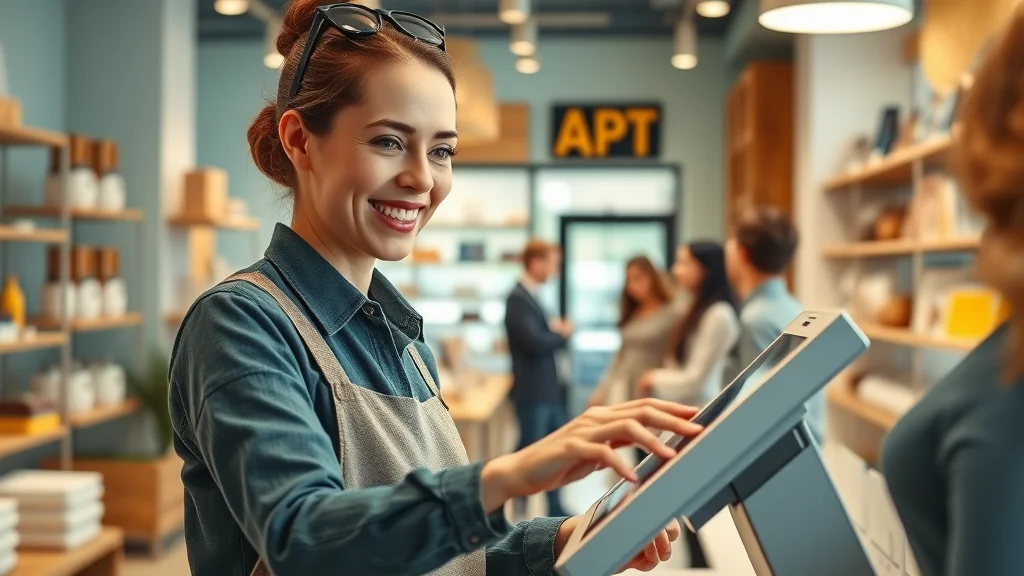 Shop owner using a point of sale systems software application on a touchscreen POS terminal in a modern retail store, enhancing the customer checkout experience
