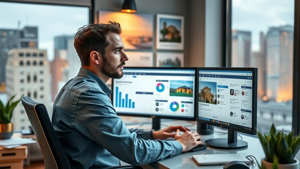 Creative social media manager designing real estate campaigns using marketing platform