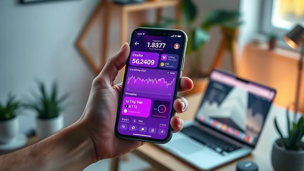 A user holding a smartphone showing a robust crypto exchange dashboard with digital assets in a home office setting—emphasizing ease of use and security.