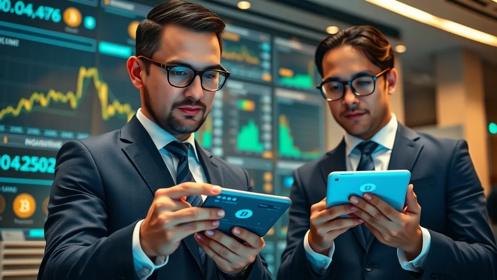 Finance experts reviewing digital asset payment transactions on touchscreen devices, depicting digital assets in banking and payments blockchain applications.