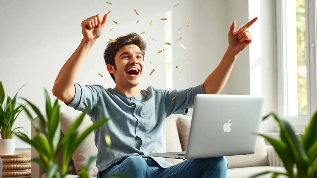 A joyful investor celebrating crypto profits after using a digital asset platform, shown with digital wealth stats and upward financial graphs on screen.