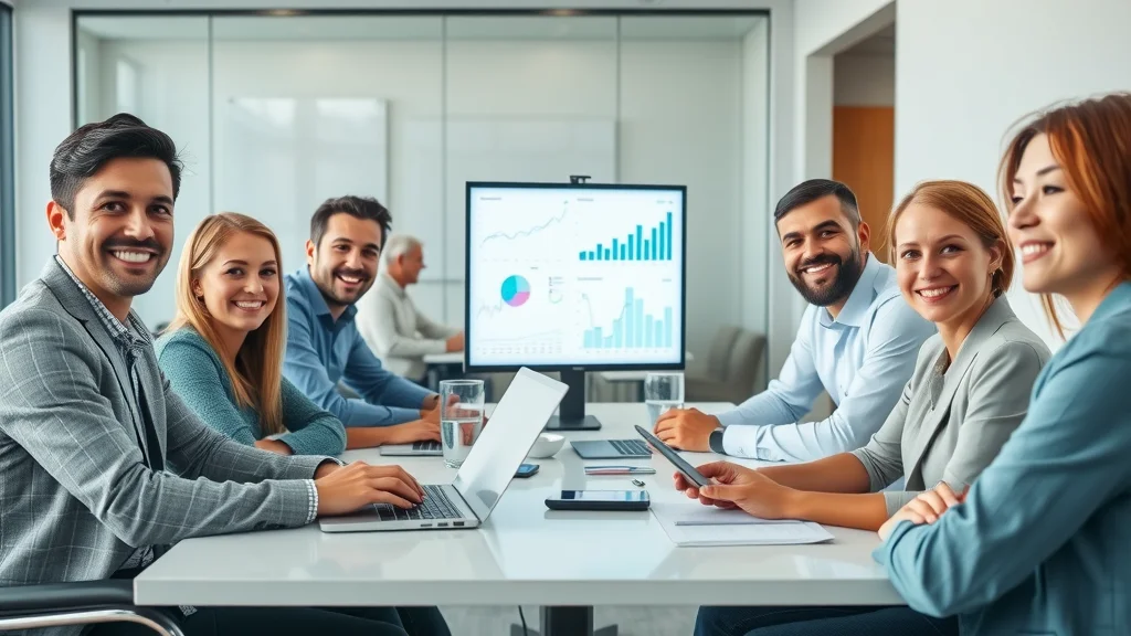 Modern small business team collaborating, discussing HR payroll software and solutions in a bright contemporary office