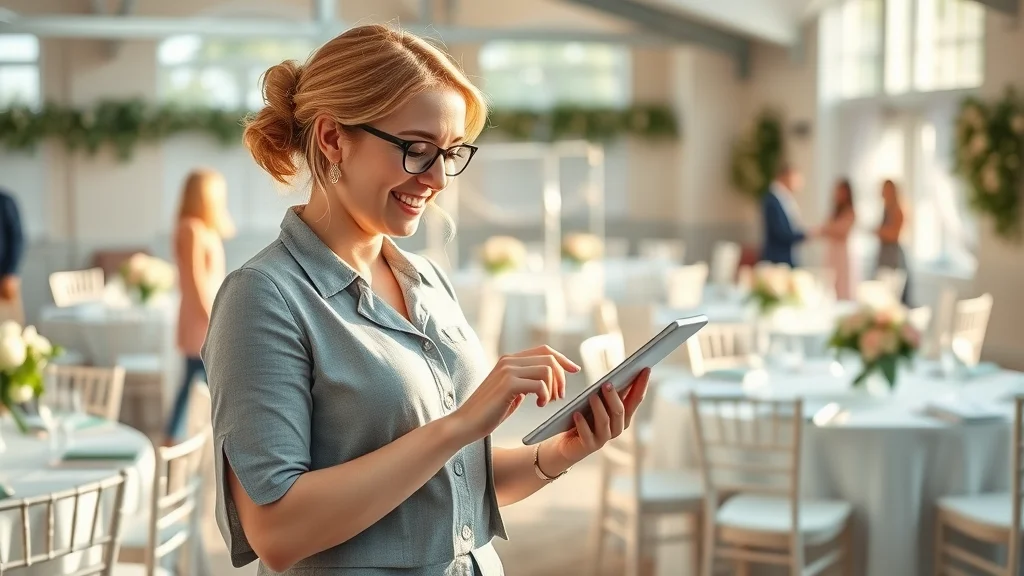 Event coordinator using digital scheduling app for wedding setup, real-world use of time tracking and scheduling software solutions and applications