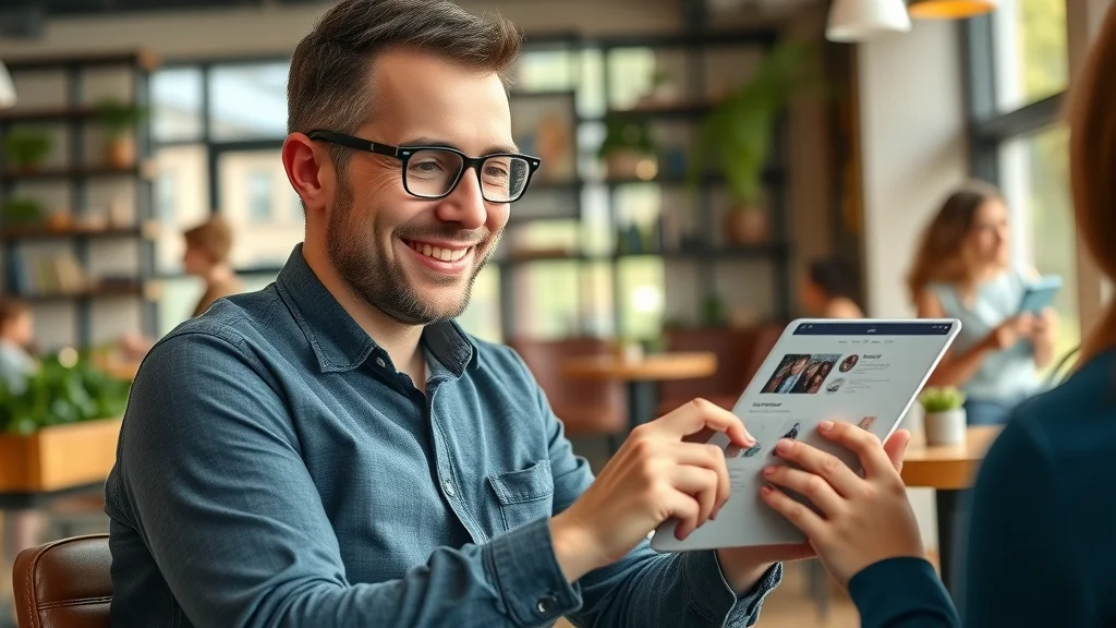 Happy business owner using a drag-and-drop website builder to manage web content easily