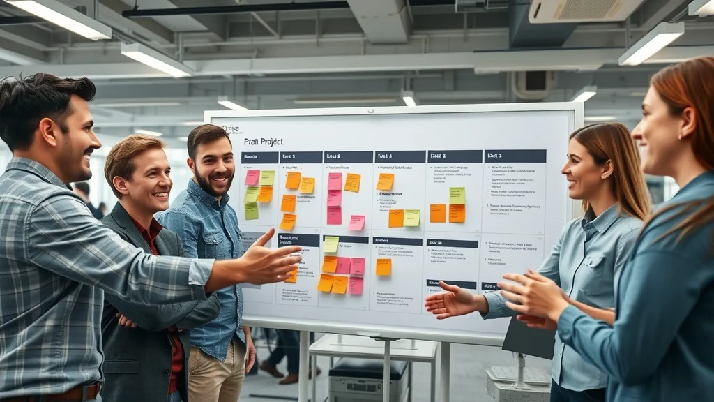 Project team using collaboration app and video conferencing tools to share updates