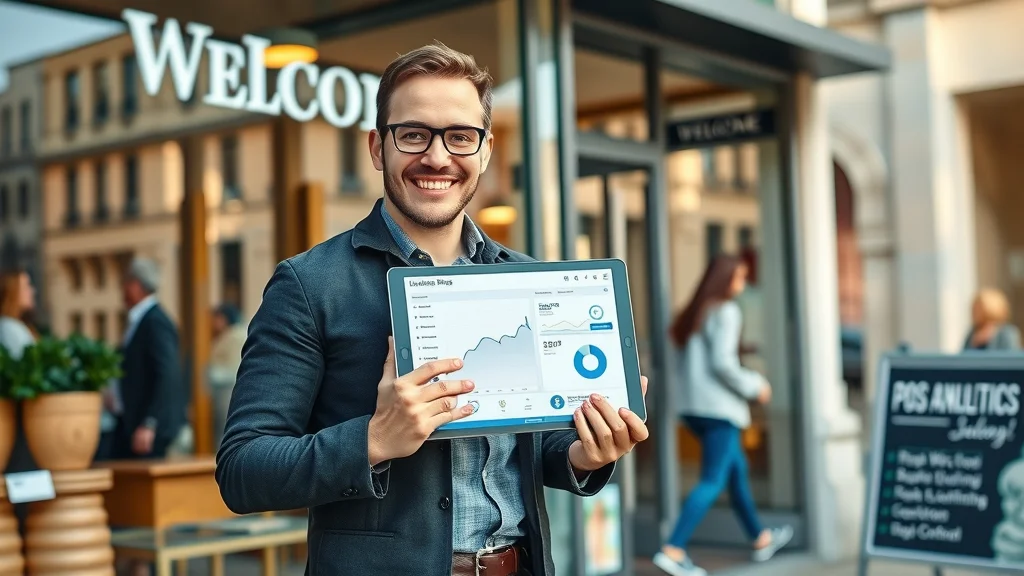 Entrepreneur in front of small business holding a tablet with POS analytics dashboard showing business growth