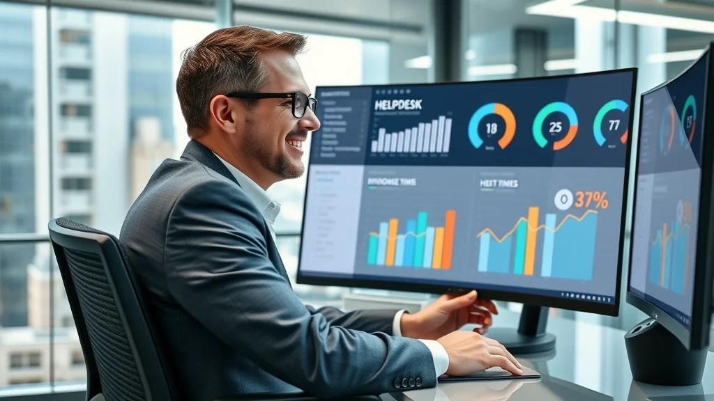 Business owner reviewing helpdesk analytics dashboard for improved ticketing system efficiency