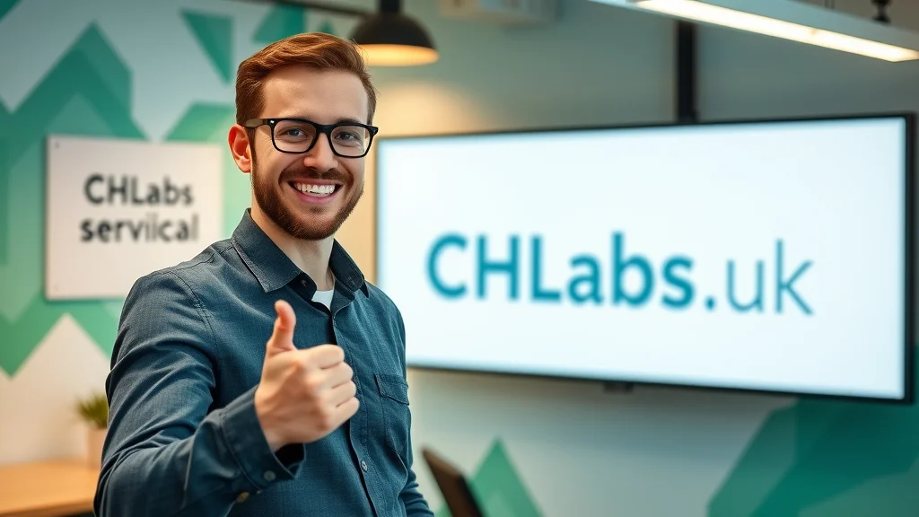 Friendly tech consultant encouraging next steps towards CHLabs.co.uk project management and business software solutions with a welcoming gesture in a modern office setting.