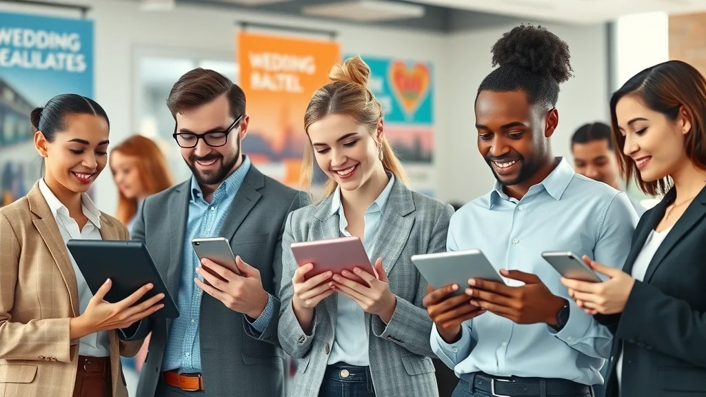 Business professionals in various sectors like wedding planning, real estate, travel, and fitness using sector-specific project management software applications on tablets and phones in a collaborative workspace.