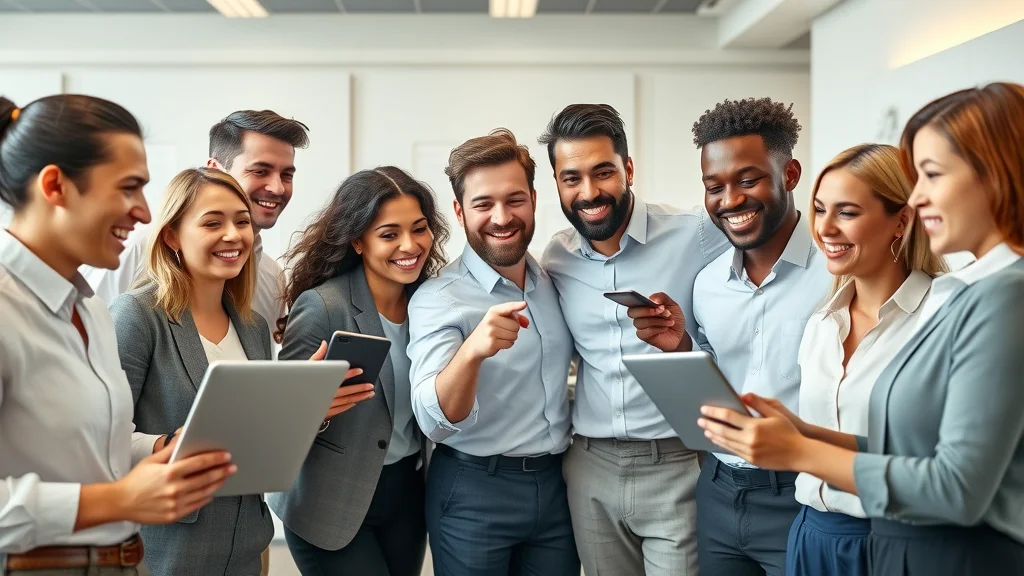 Team collaborating and discussing internal communication software in modern office