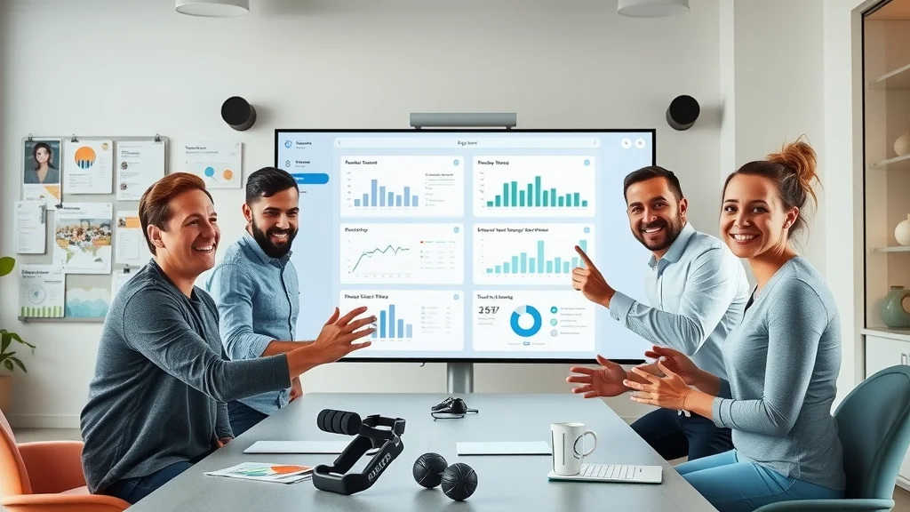 Diverse business owners (real estate, wedding planning, fitness) exploring interactive dashboard with sector-specific features in a collaborative office. Accounting & bookkeeping software for small businesses.