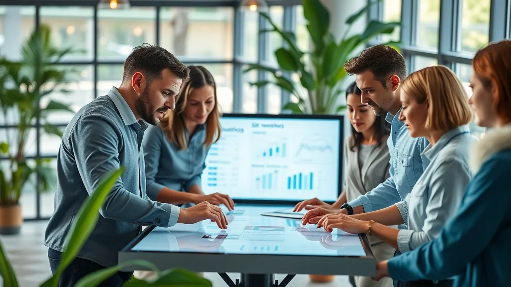 Collaborative team using CRM software for lead management and sales pipelines in an open office