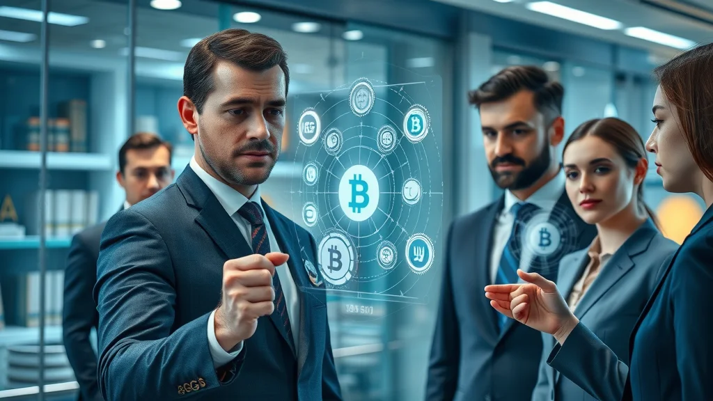 Futuristic global banking hub with professionals interacting with digital holographic cryptocurrency displays, representing blockchain and cryptocurrency software applications and solutions in finance.