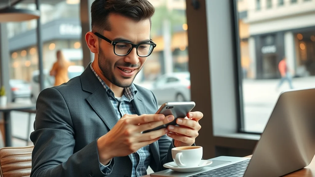 mobile app empowering small businesses - entrepreneur checking business data on smartphone in café