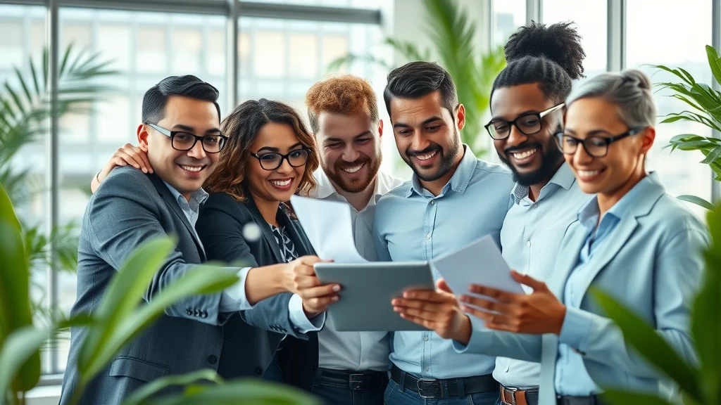 Dynamic team using document management and esignature software solutions and applications in a modern office with digital icons and natural skin tones