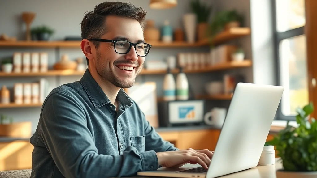 Cheerful business owner using customer relationship management software application on laptop in bright shop setting