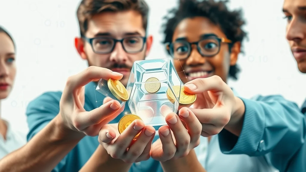 Clean conceptual blockchain illustration showing diverse hands holding interlocking digital cubes and coins, symbolizing digital assets and blockchain tech.
