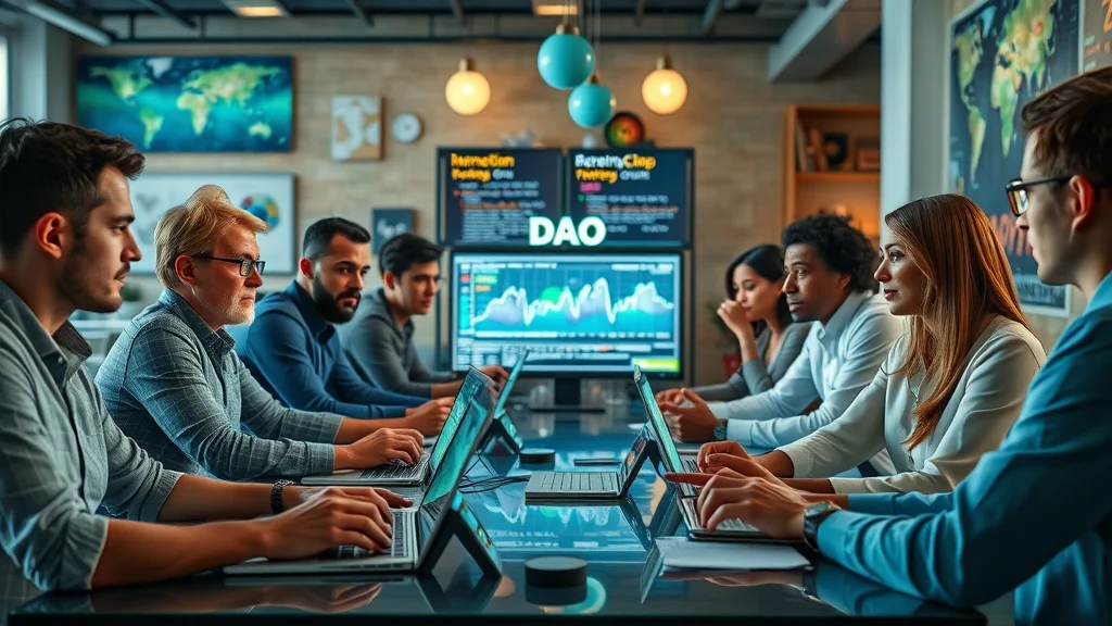 A diverse professional team discussing DAO strategies using cryptocurrency software solutions and apps in a modern workspace with blockchain icons and projected data charts.