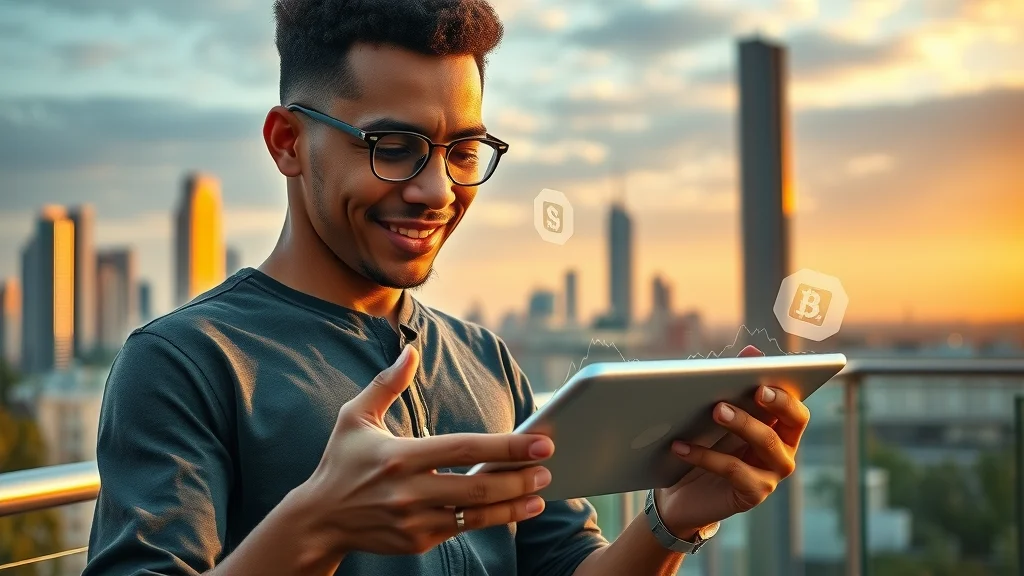 A diverse investor checking DeFi staking and yield farming stats on a tablet on a terrace overlooking a city, symbolizing digital asset growth with advanced apps.