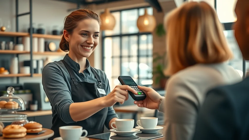 Barista in coffee shop serving customer using contactless payment and POS software for fast, secure transactions