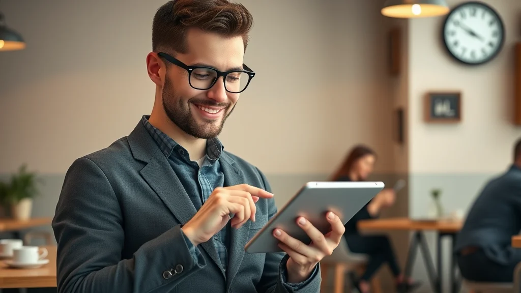 Friendly small business owner checking time tracking app on tablet in cozy cafe, employee time tracking and scheduling solutions and applications