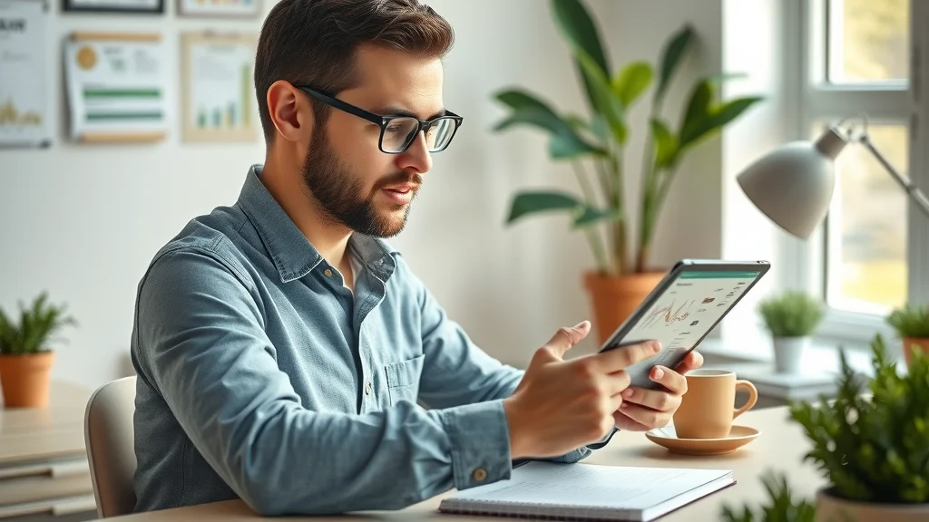 Entrepreneur at organized desk exploring CRM software application features on a tablet