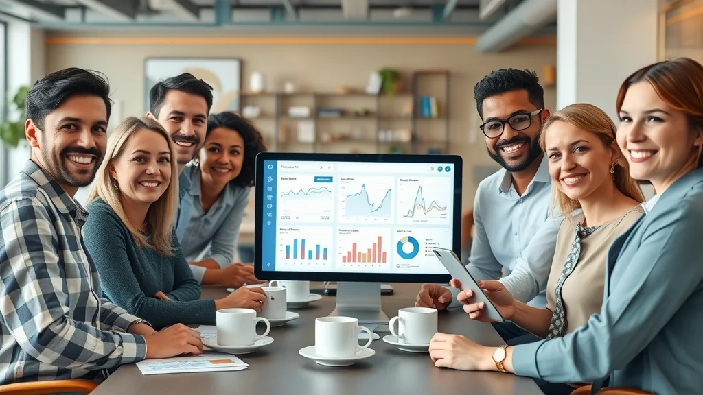 Small business team collaborating around a point of sale dashboard, visualising sales analytics and POS system features