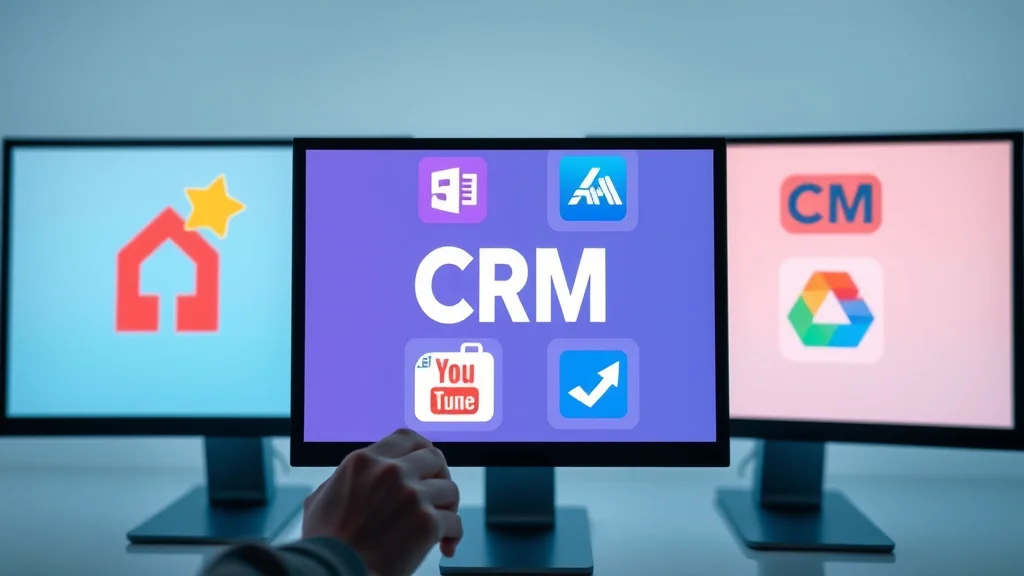 Colourful icons of best CRM software including Salesforce, HubSpot, Zoho, and CHLabs.co.uk displayed on screens