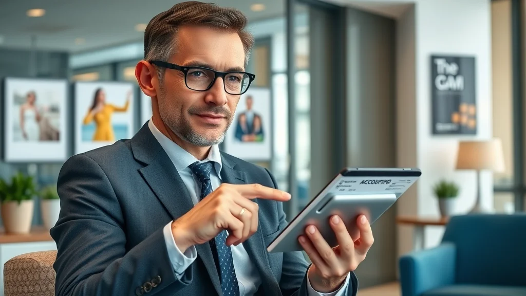 Accounting solutions advisor in office consulting with small business owner using sector-specific software visuals on tablet, tailored accounting & bookkeeping software for small businesses.