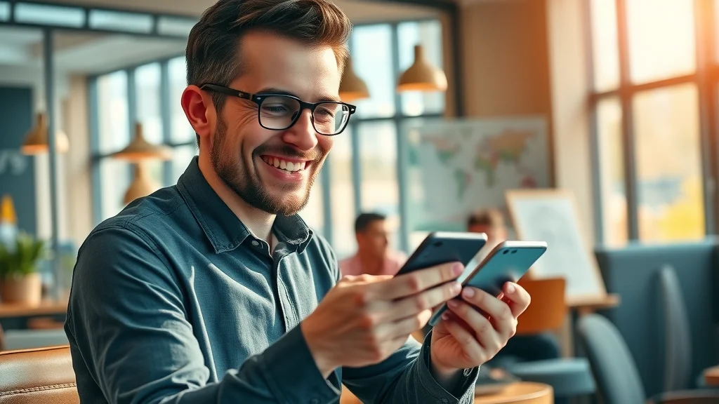 Business owner reviewing online cloud-based accounting dashboard on smartphone in a coffee shop. Accounting & bookkeeping software for small businesses, mobile app, real-time reporting.