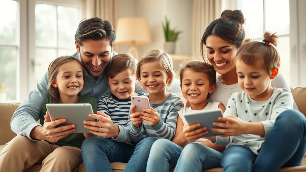 family using mindfulness health app, joyful digital wellness routine